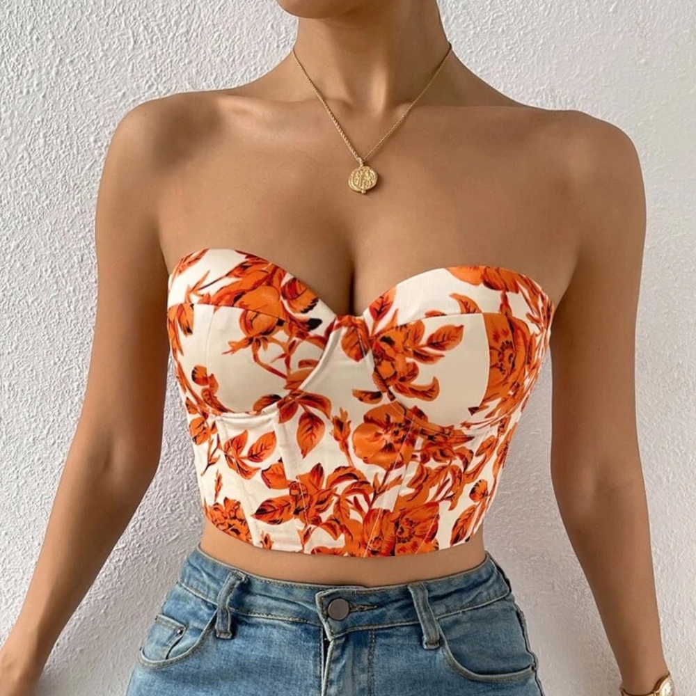 Boho floral print lace up back satin bustier corset tube top